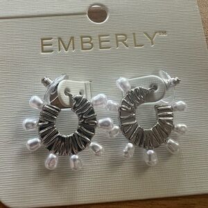 EMBERLY SILVER TONE  HOOPS FAUX PEARL EARRINGS NEW!